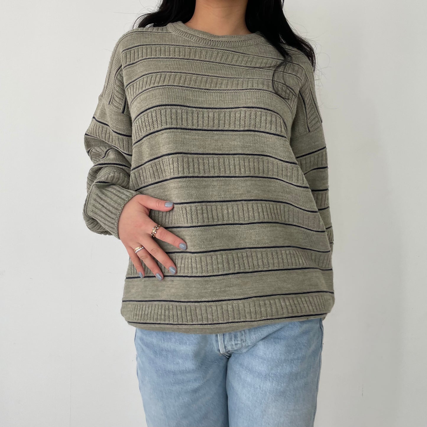 Vintage Marks & Spencer Khaki Green Striped Long Sleeve Knit Crewneck - X-Large