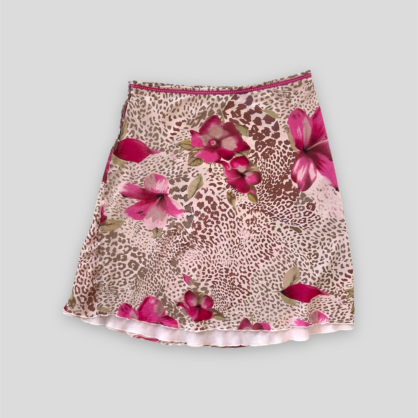 Pink Leopard Print Floral Silk Slip Skirt - Medium