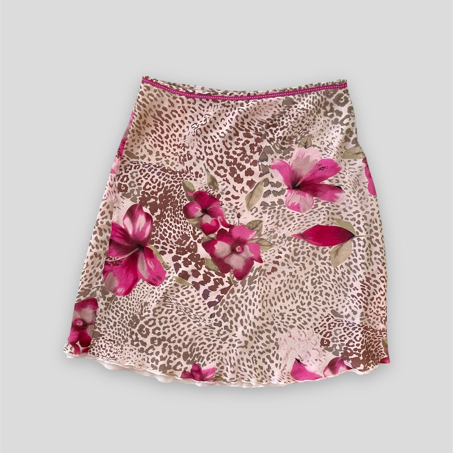 Pink Leopard Print Floral Silk Slip Skirt - Medium