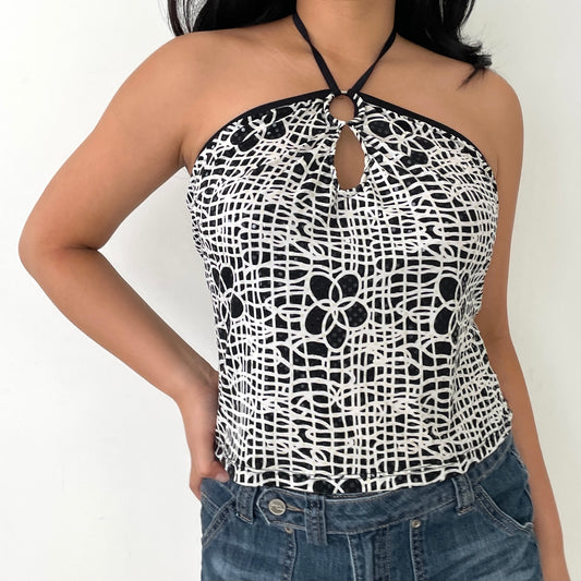 Black & White Abstract Floral Print Halter Neck Top