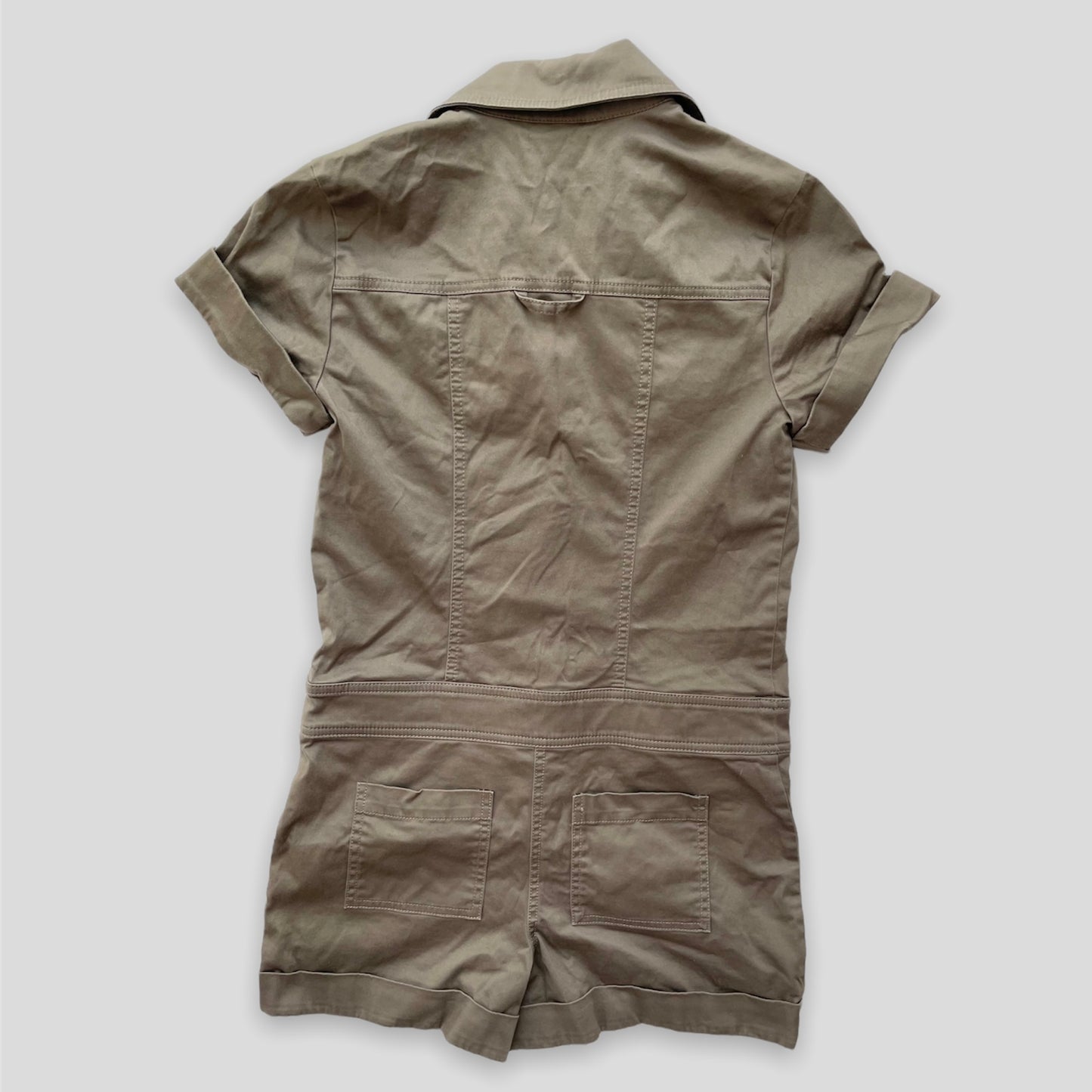 Khaki Guess Short Sleeved Zip-Front Collared Cargo Playsuit