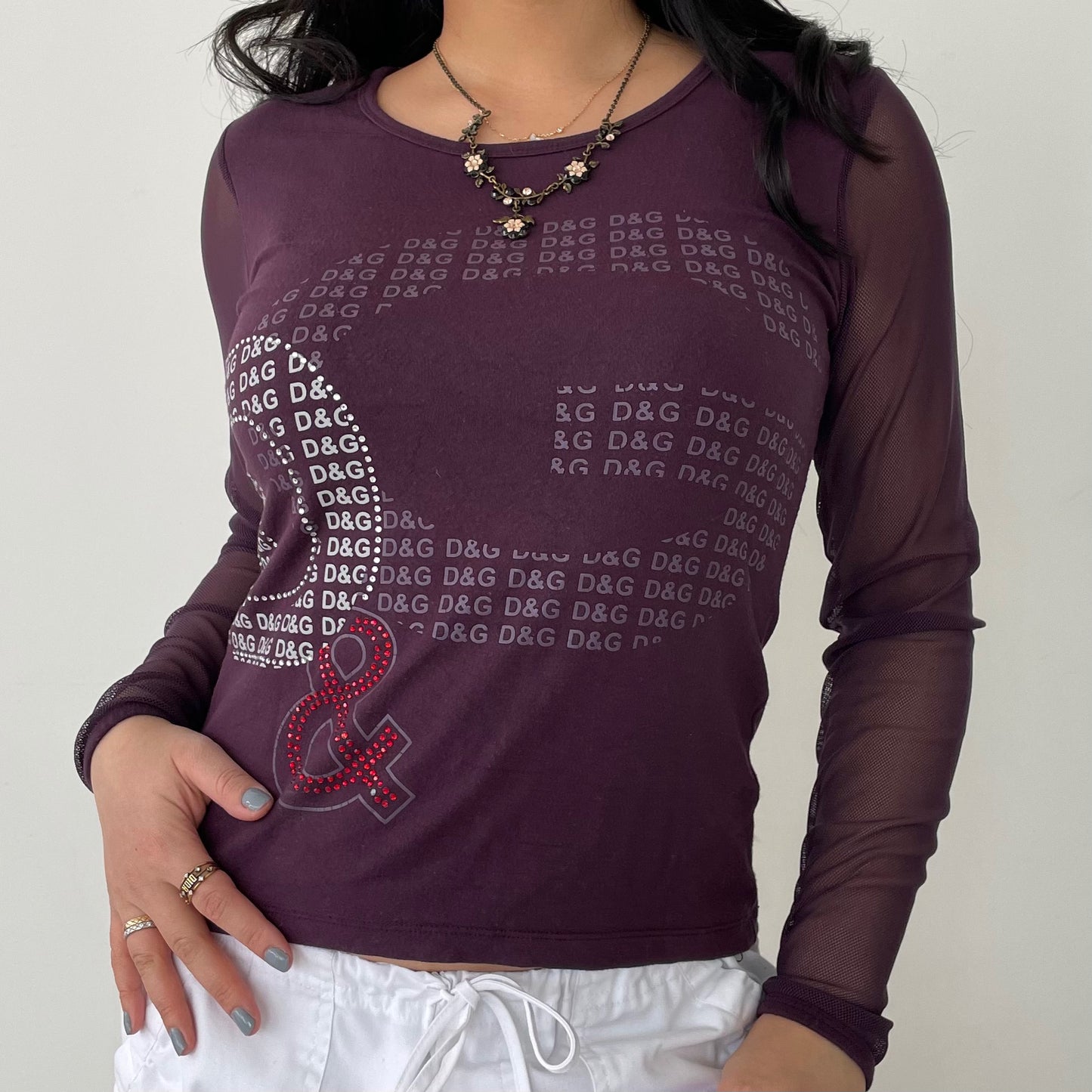 Dolce and Gabbana Plum Purple Long Sleeve Mesh Graphic Tee - Small/Medium