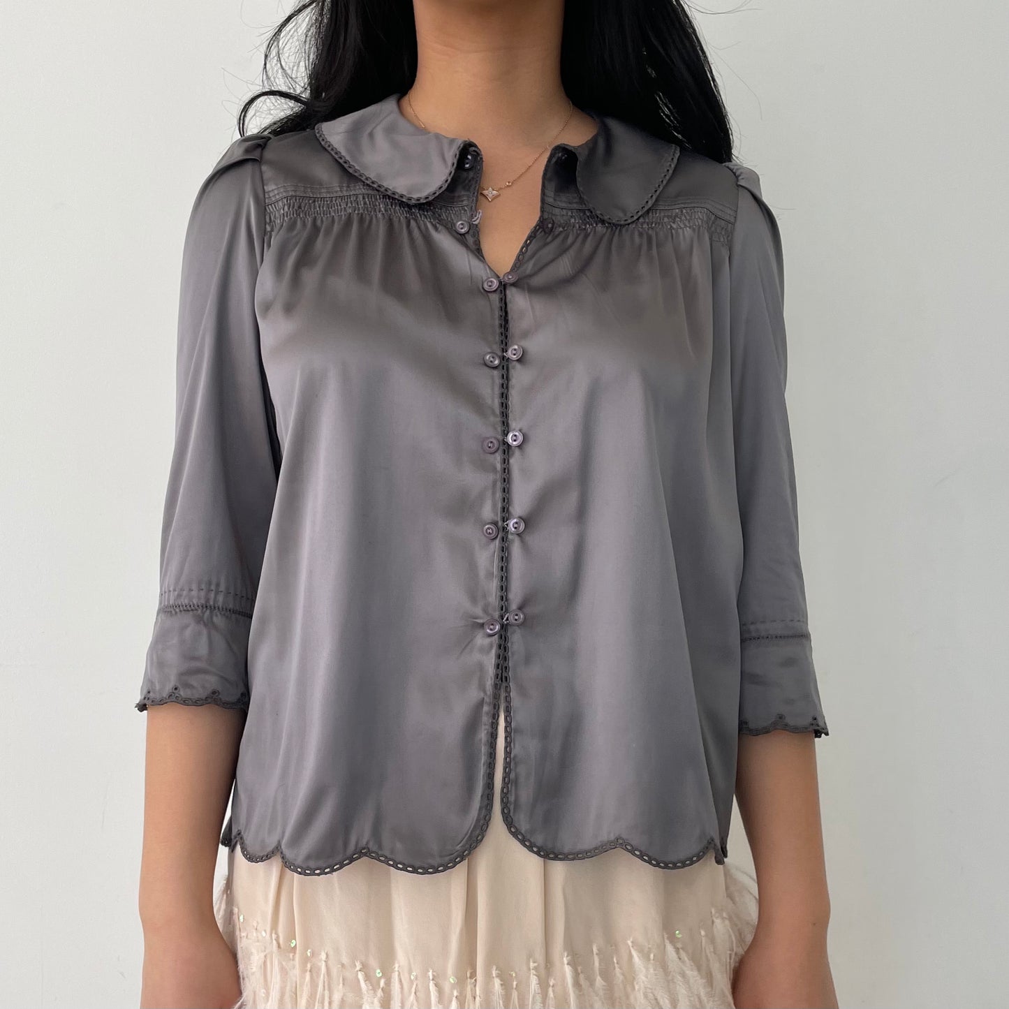 Vintage See by Chloé Grey Peter Pan Collar Silk Blouse - Small/Medium