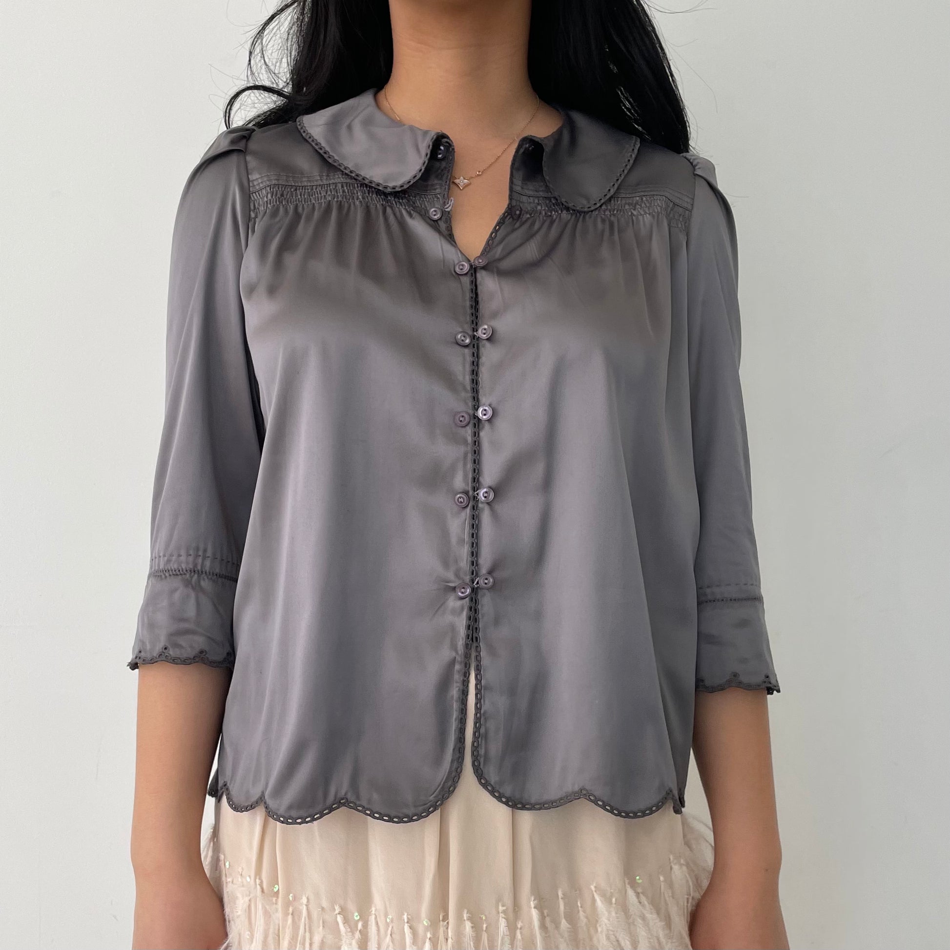 Vintage See by Chloé Grey Peter Pan Collar Silk Blouse - Small