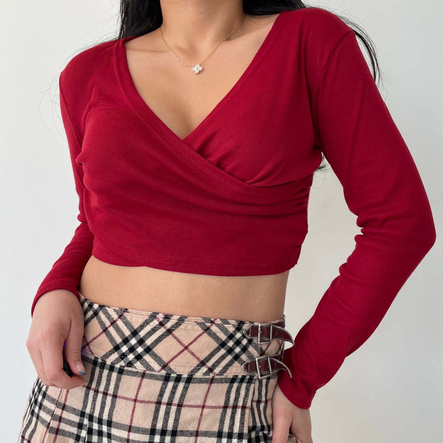 Red Cropped Long Sleeve Wrap Top - Medium