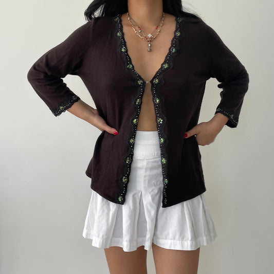 Brown Angora Blend Embroidered Hook-and-Eye V-Neck Cardigan