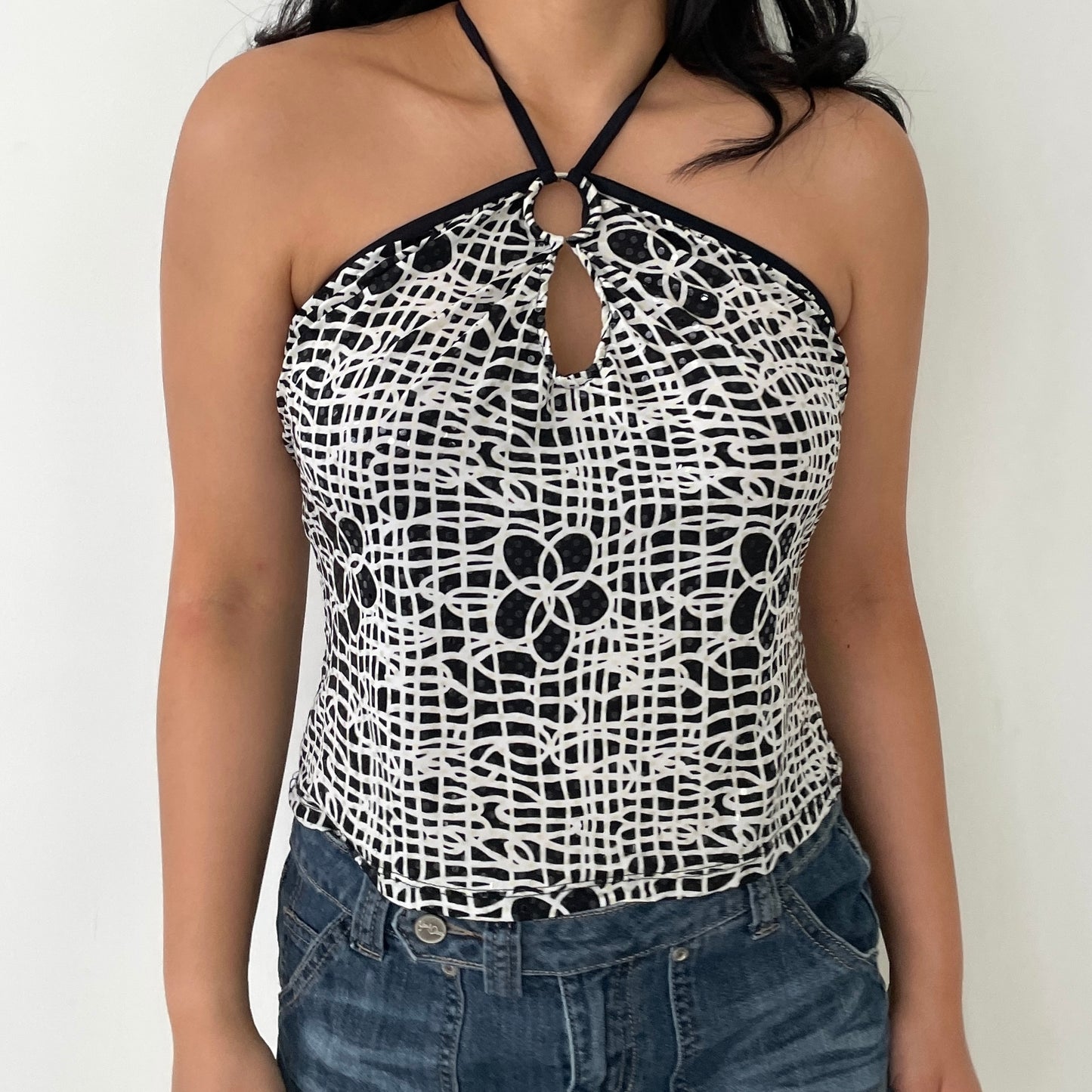 Black & White Abstract Floral Print Halter Neck Top