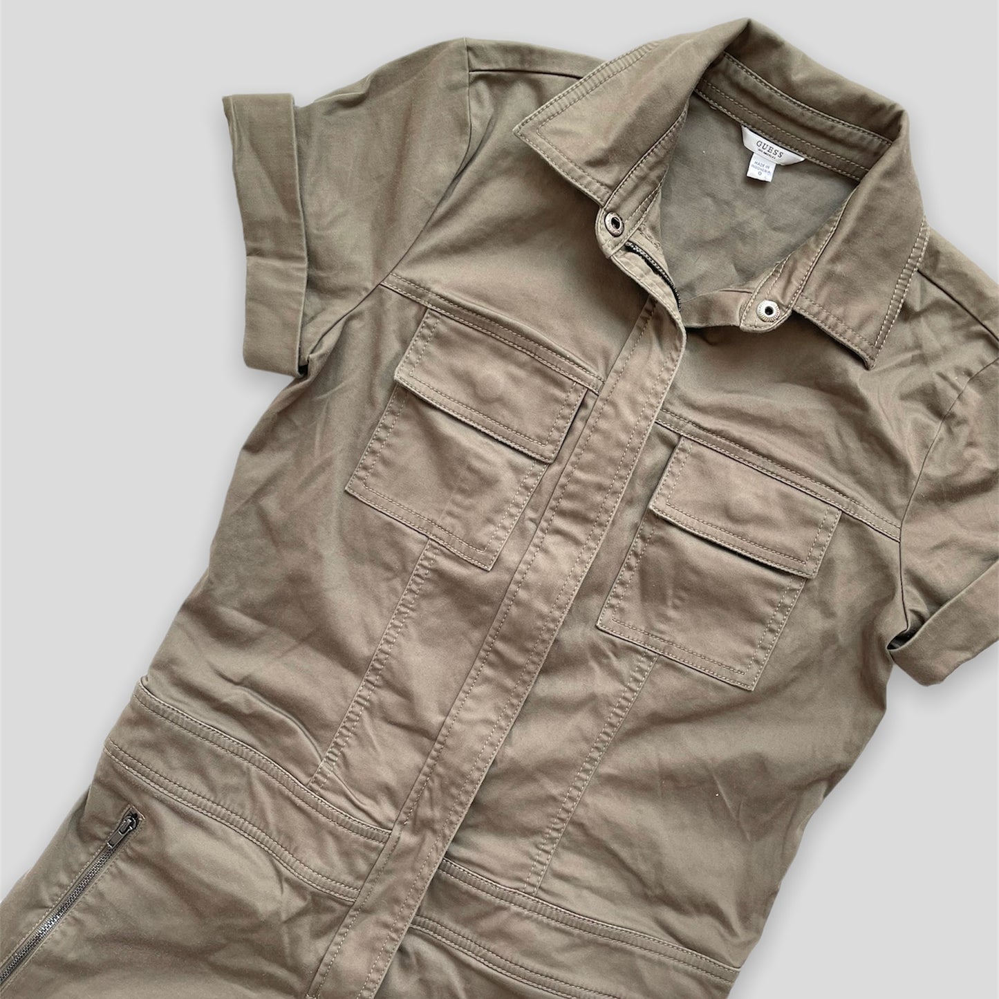 Khaki Guess Short Sleeved Zip-Front Collared Cargo Playsuit