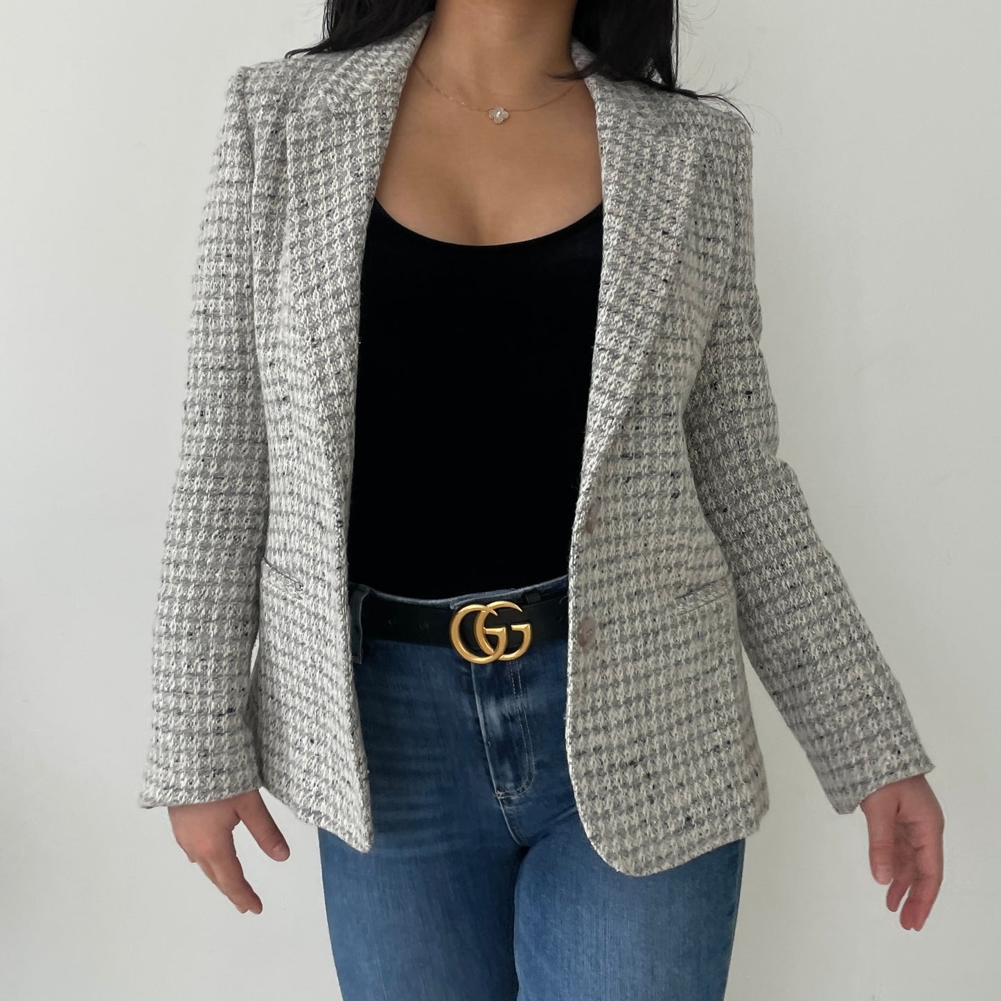 Vintage 1970s Pierre Bouchard Light Blue and Cream Tweed Blazer - Small/Medium