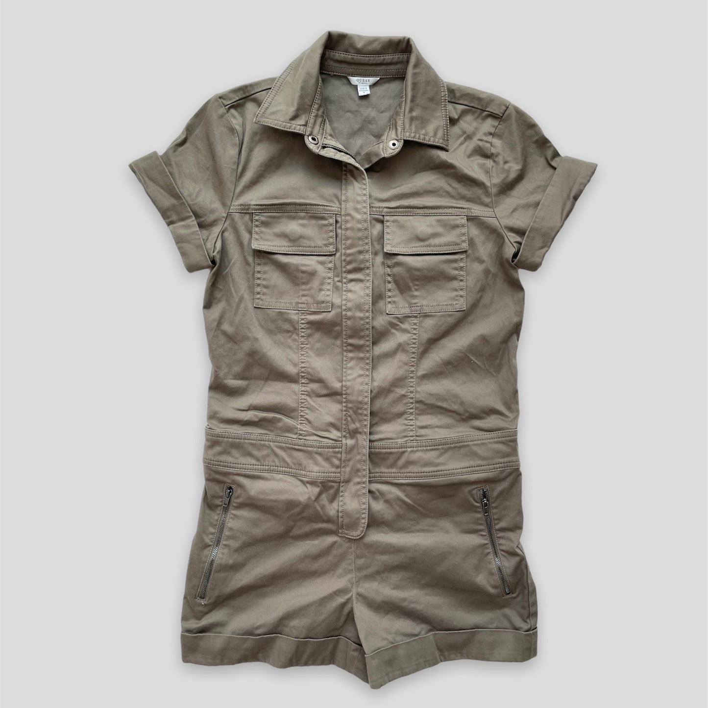 Khaki Guess Short Sleeved Zip-Front Collared Cargo Playsuit