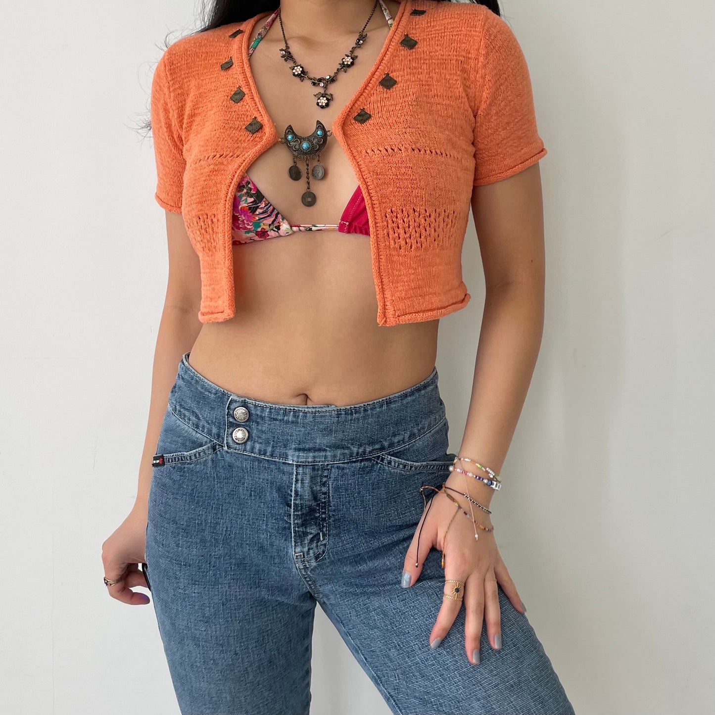 San Francisco Orange Short Sleeve Crochet Knit Shrug - Small