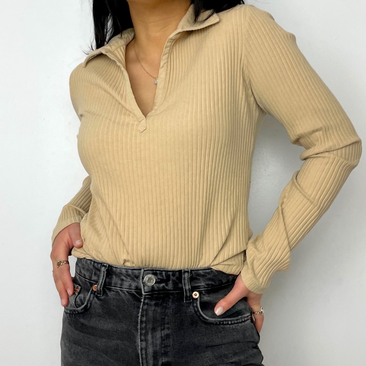 Beige Long Sleeve Collared Tee - Zoehify 