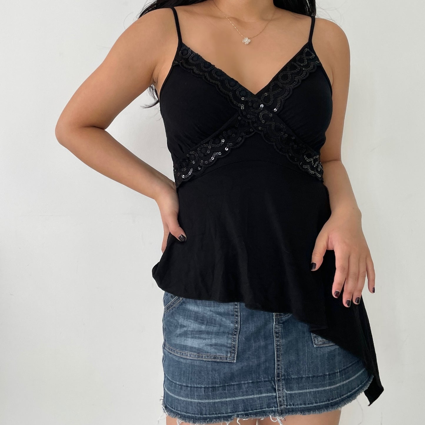 Black Sequin V-Neck Asymmetrical Tank Top - Small