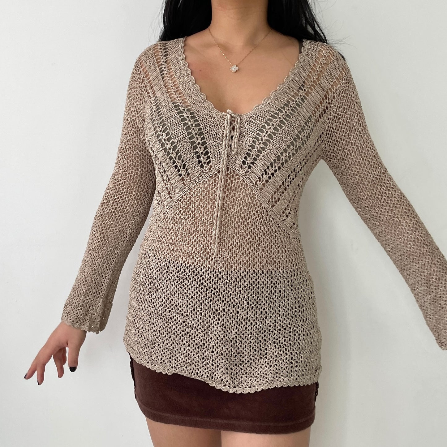 Beige Knit Long Sleeve Crochet Top - Medium