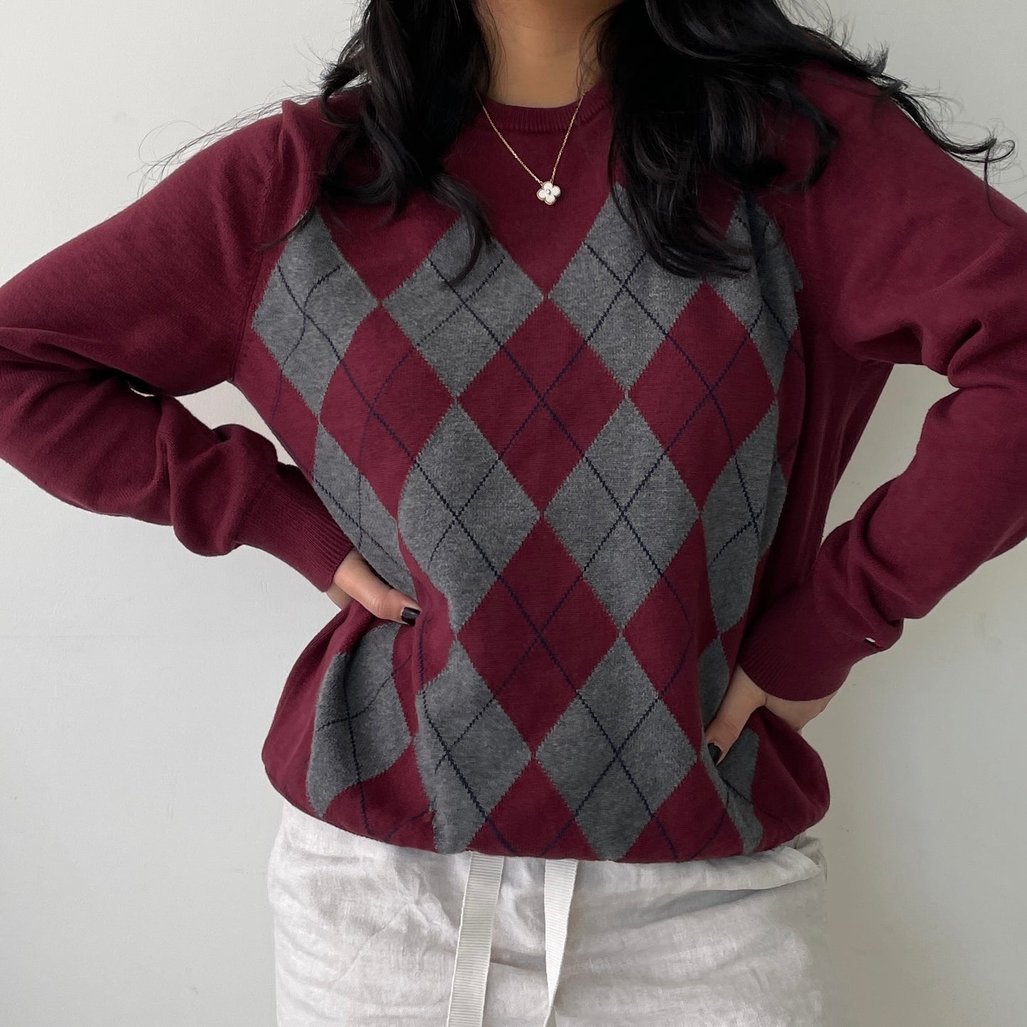 Tommy Hilfiger Burgundy Long Sleeve Argyle Jumper - Medium