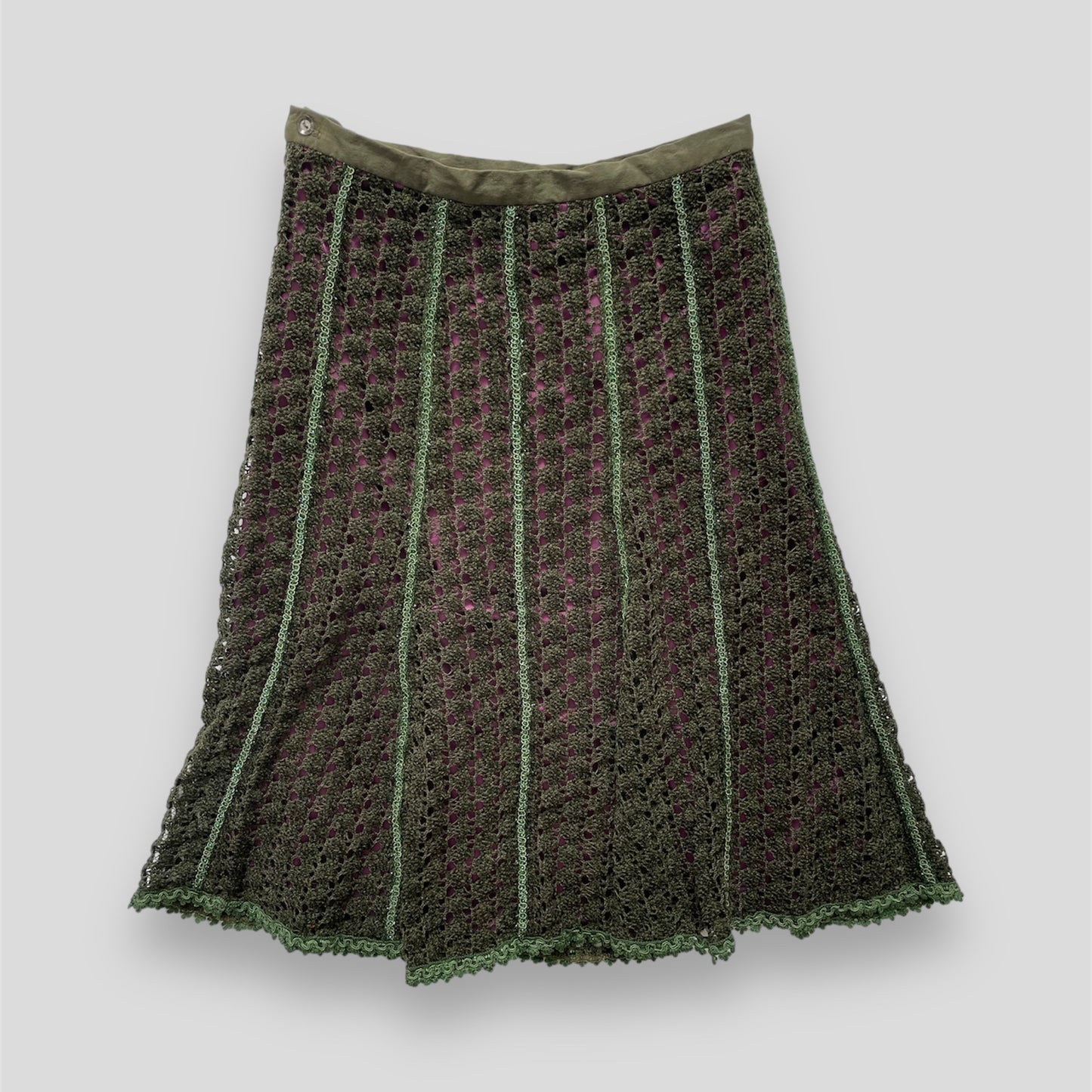 Mary Villa Green and Purple Crochet Knit Midi Skirt - Small