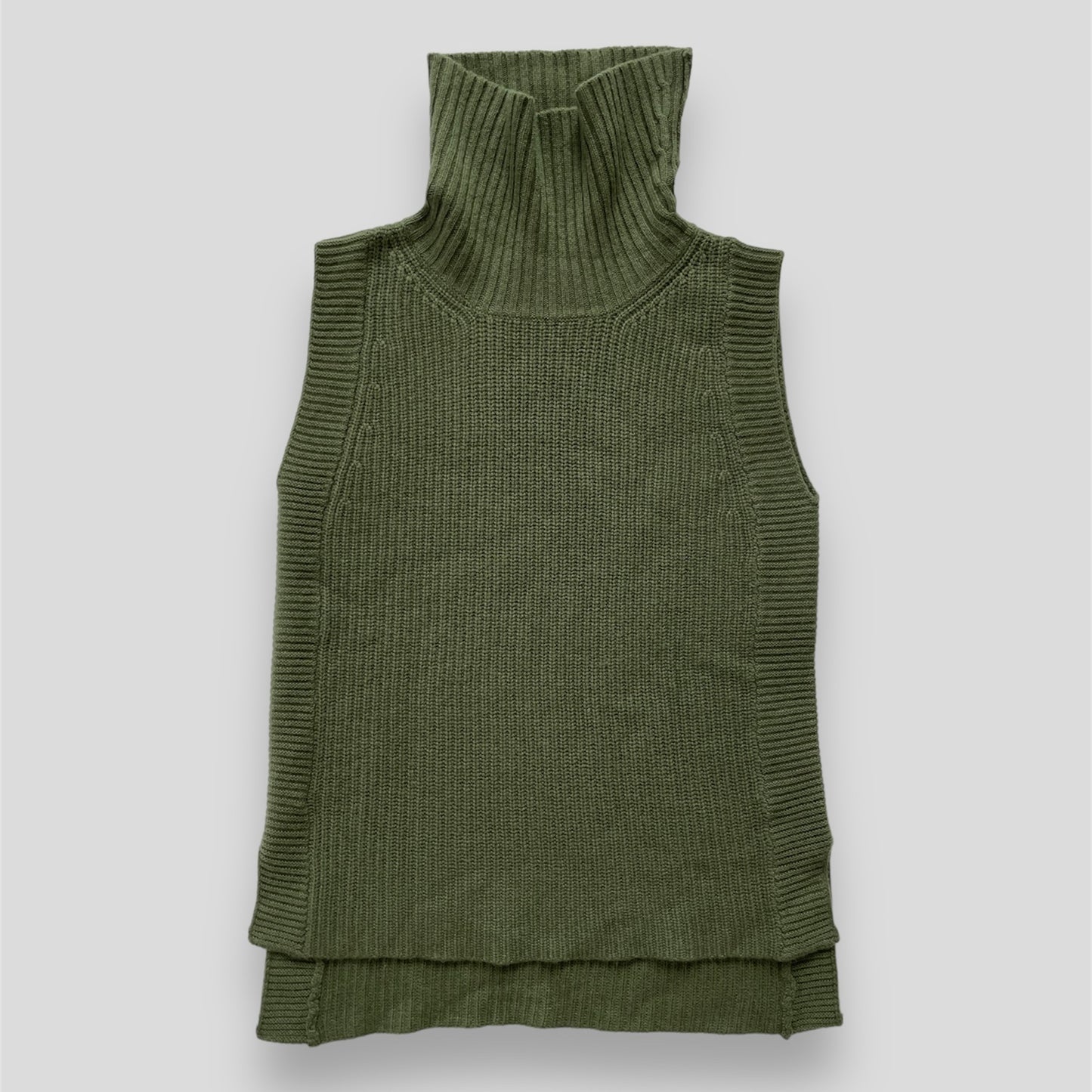 Gentle Herd Olive Green Sleeveless Merino Wool Turtleneck Top - Medium