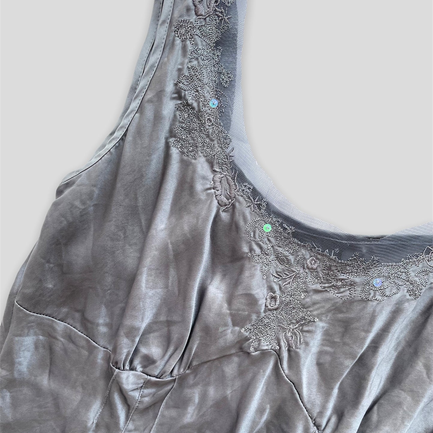 Grey 100% Silk Floral Embroidered Lace Trim Tank Top