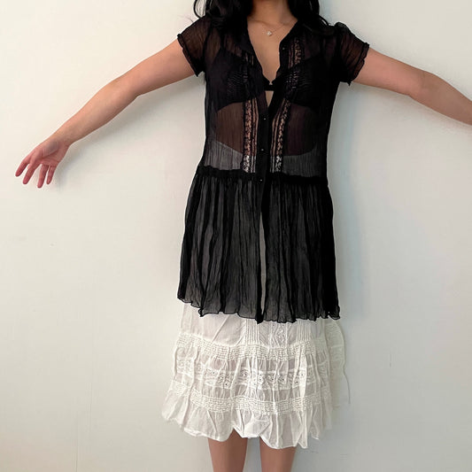 Sheer Black Short Sleeve Pleated Lace Dress - Small