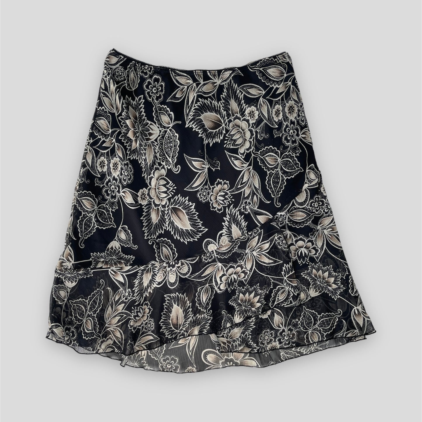 Vintage Black Floral Midi Skirt - Medium