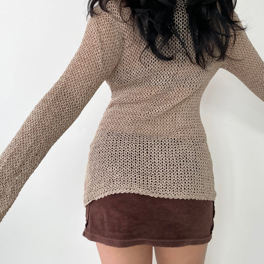 Beige Knit Long Sleeve Crochet Top - Medium