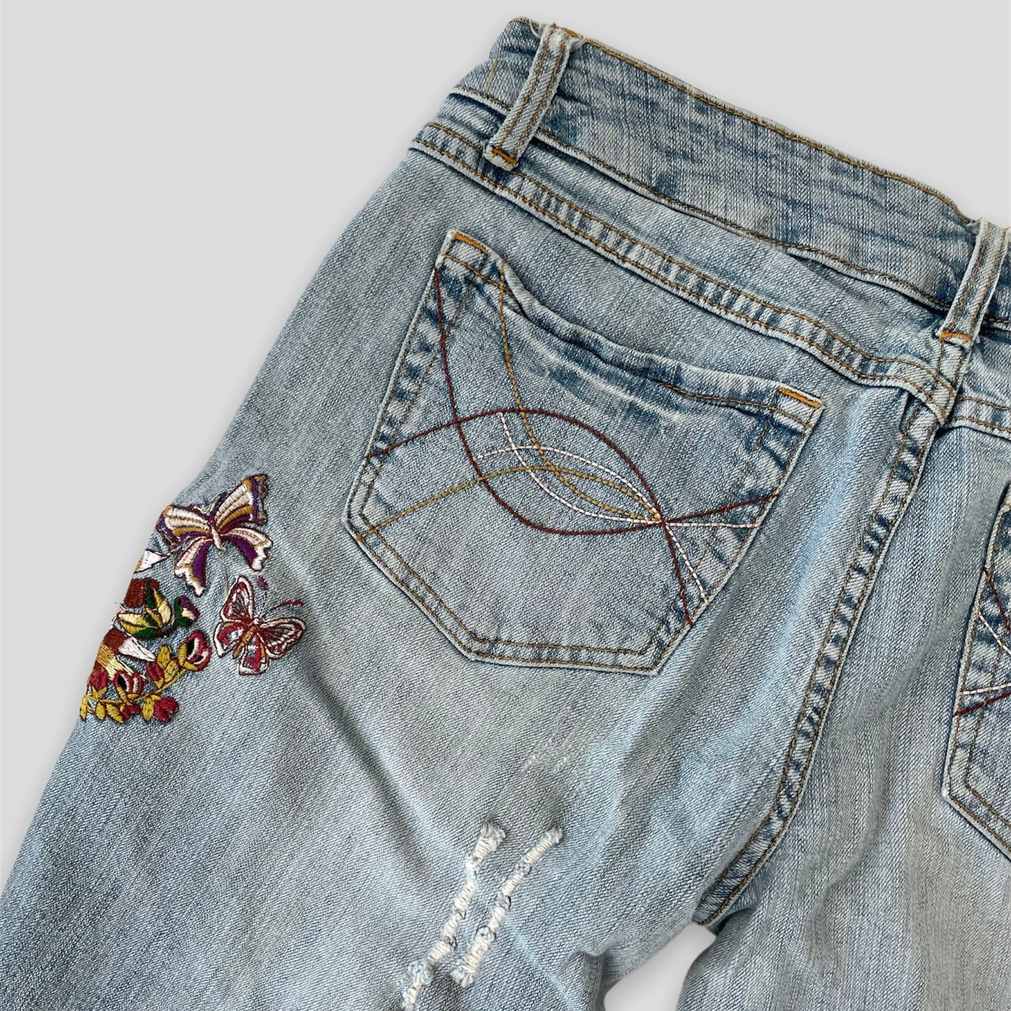 725 Originals Blue Flared Butterfly Embroidered Jeans - W34/L30