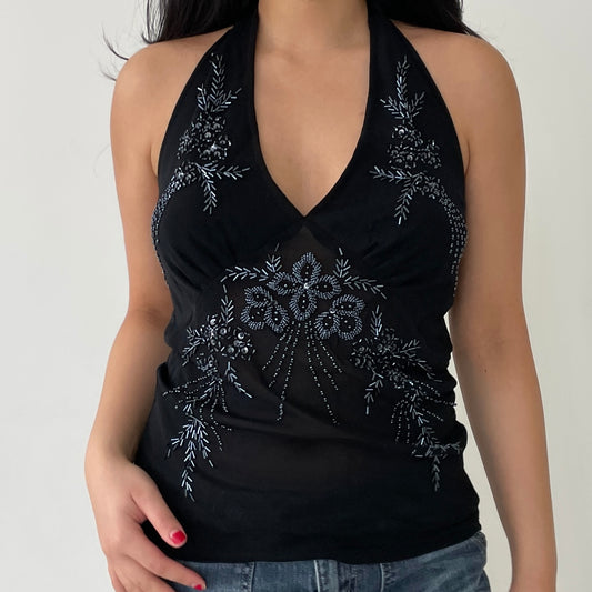 Seduction Black Beaded Halter Neck Top - Large