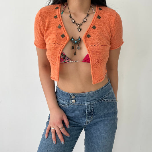 San Francisco Orange Short Sleeve Crochet Knit Shrug - Small