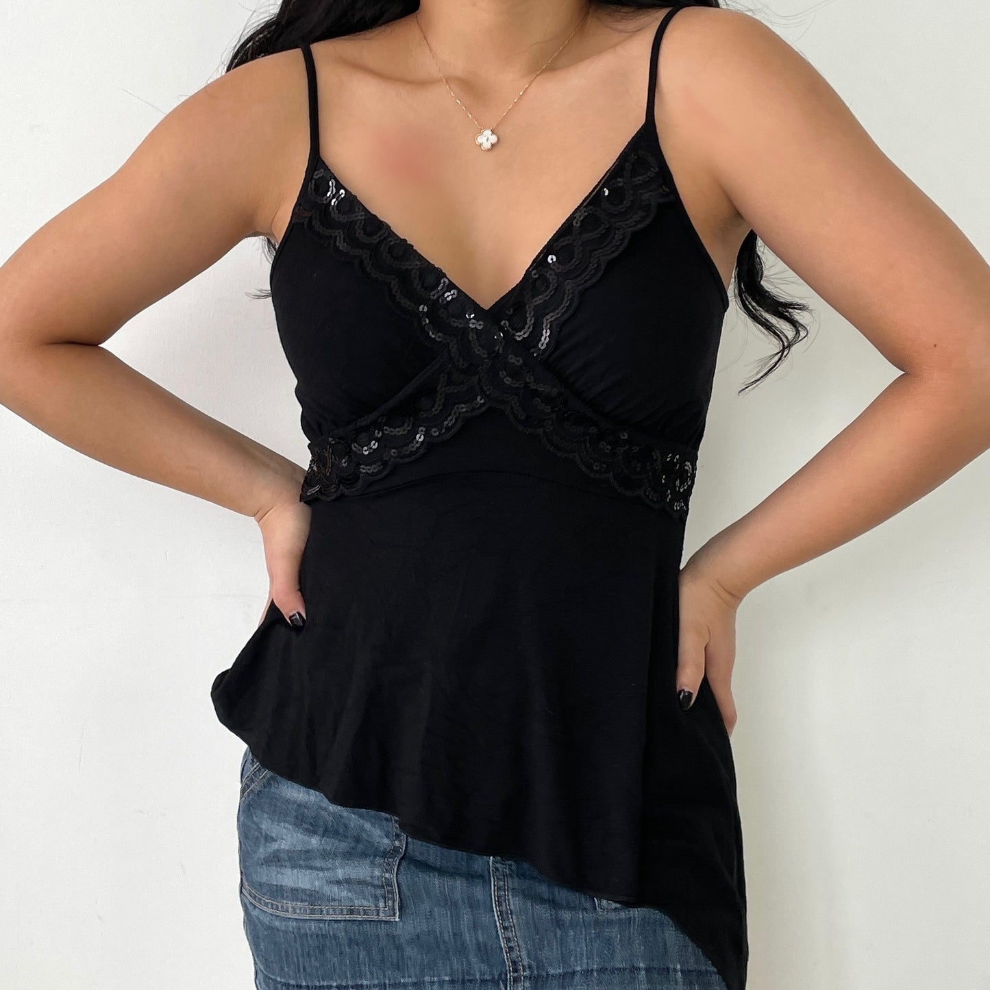 Black Sequin V-Neck Asymmetrical Tank Top - Small