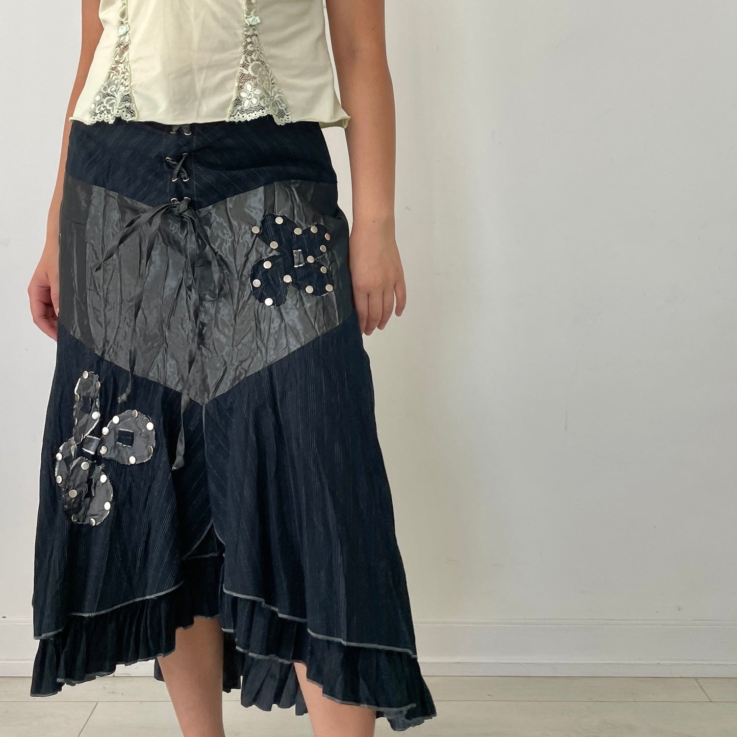 Black Multi-Textile Patchwork Butterfly Tiered Waterfall Skirt