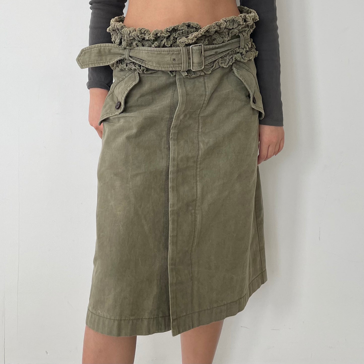 2007 Tricot Comme des Garçons Khaki Green Belted Cotton Midi Skirt - Medium