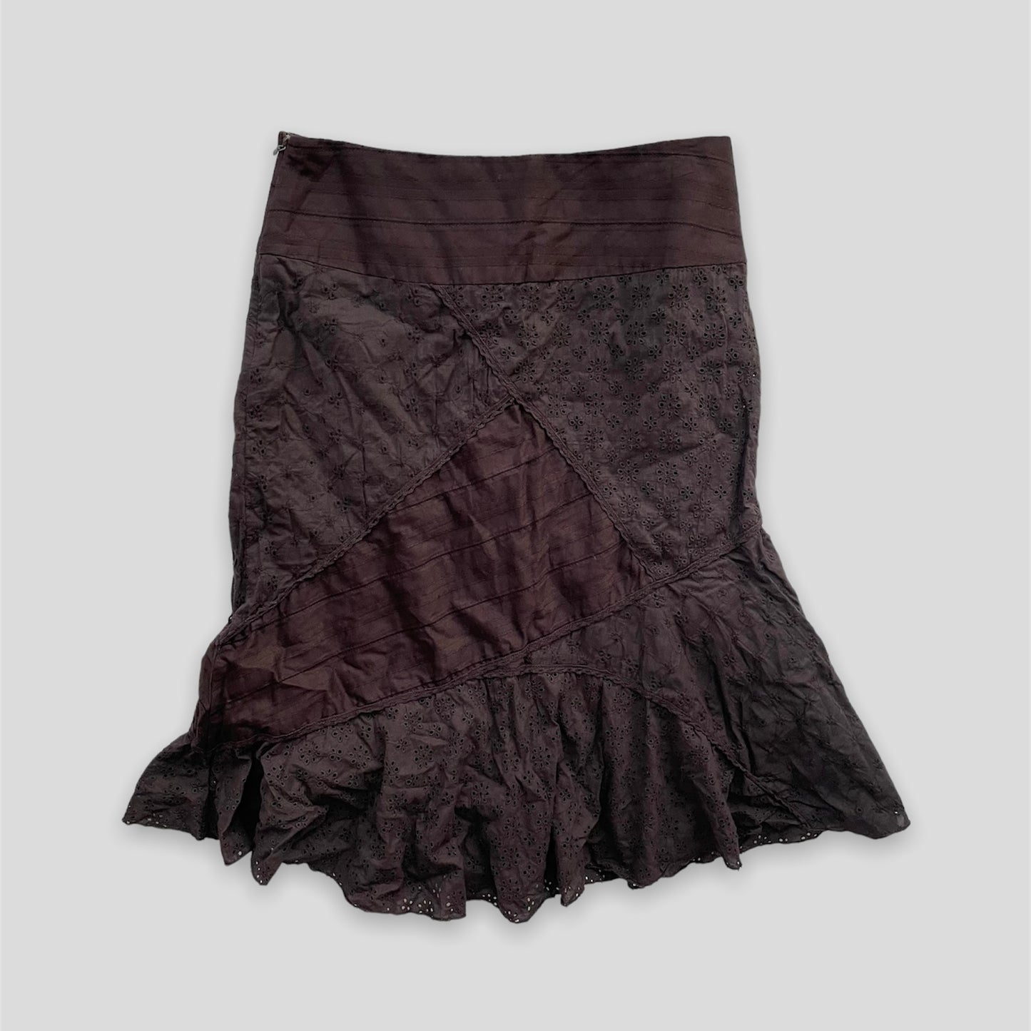 2000s Dynamite Brown Broderie Anglaise Midi Skirt - Small