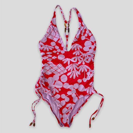 Trina Turk Red and Purple Bali Blossoms One Piece Swimsuit - Medium