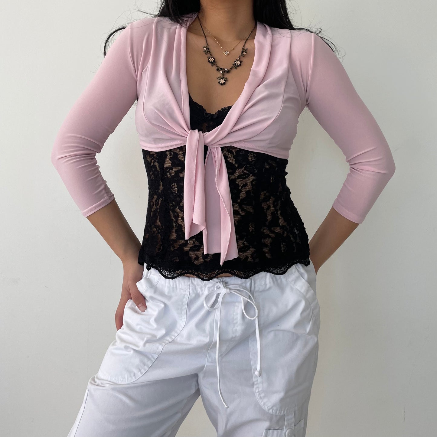 Vintage 90s/2000s Mariposa Baby Pink Tie Front Bolero - X-Small