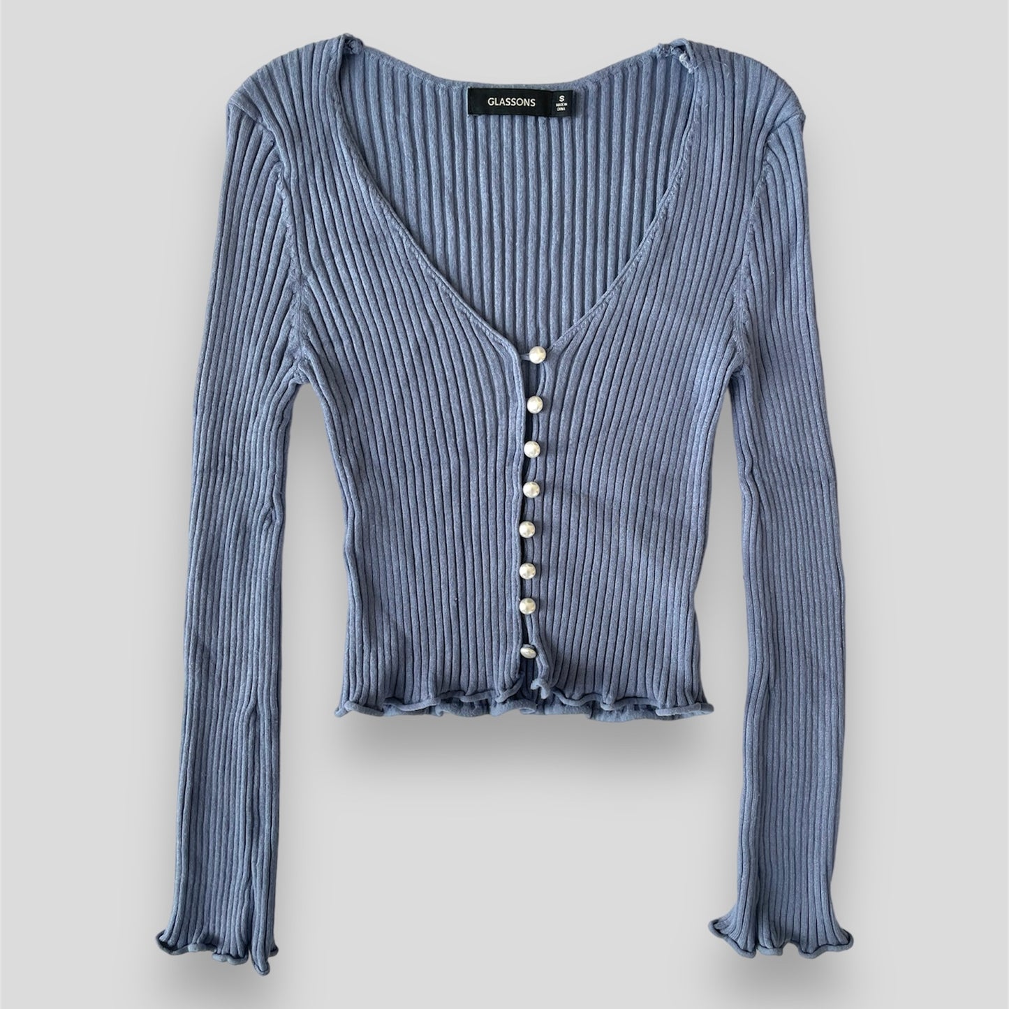 Glassons Indigo Blue Ribbed V Neck Pearl Button Cardigan - Small