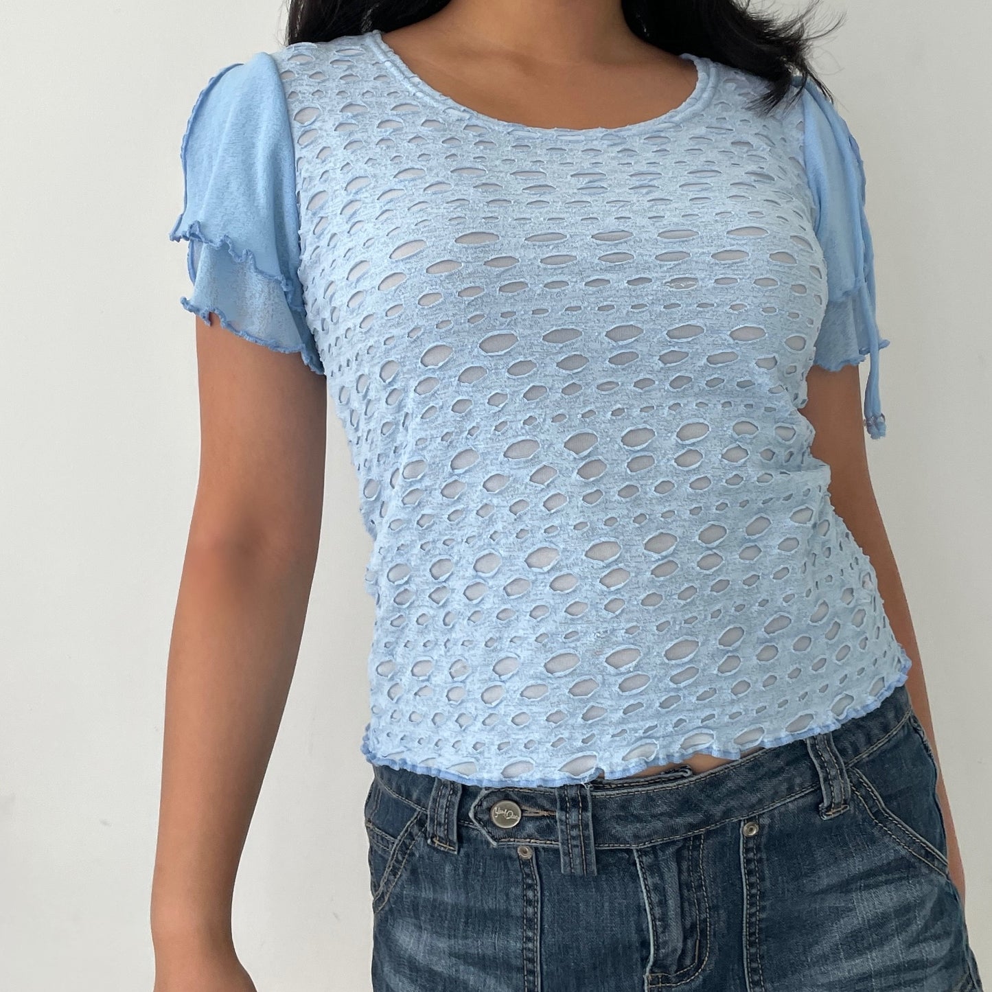 Light Blue Fairycore Ruffle Sleeve Textured Tee