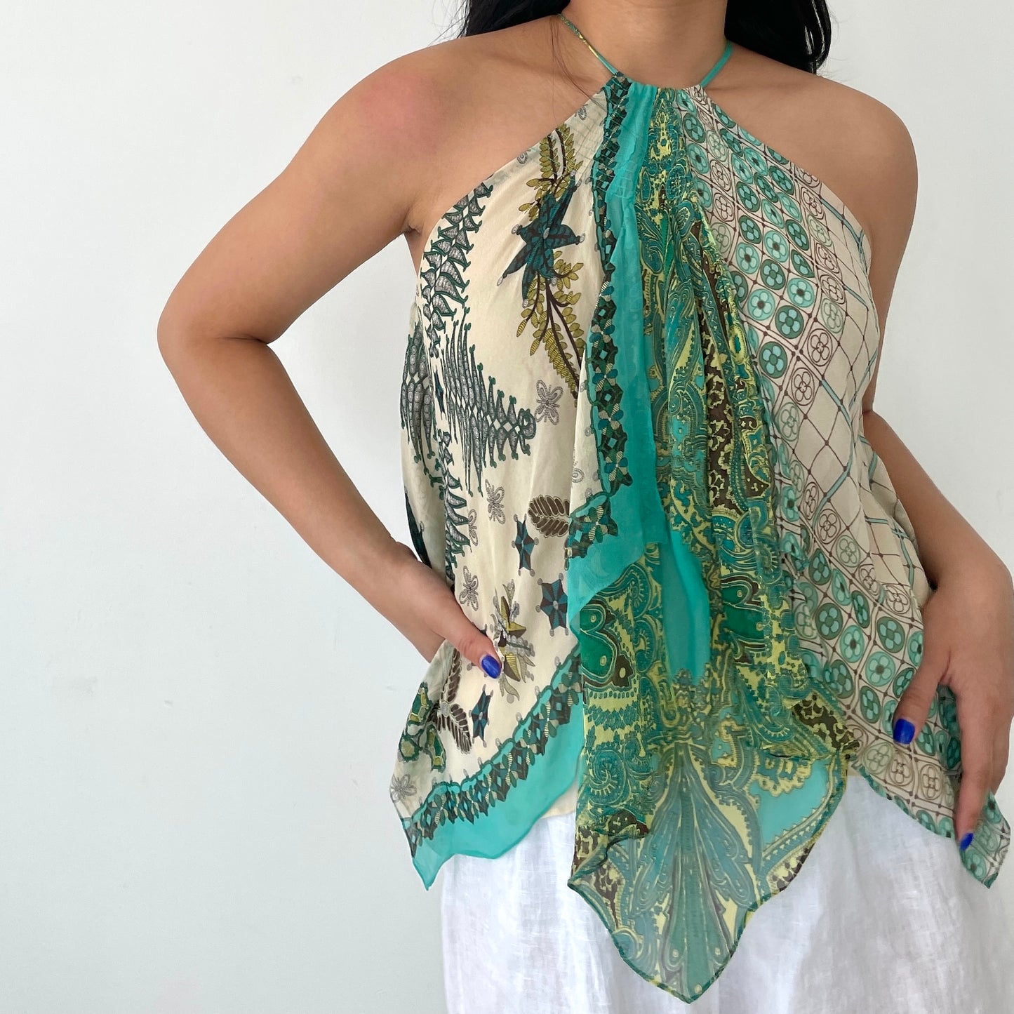 Turquoise Persian Print BCBG Silk Halter Neck Top