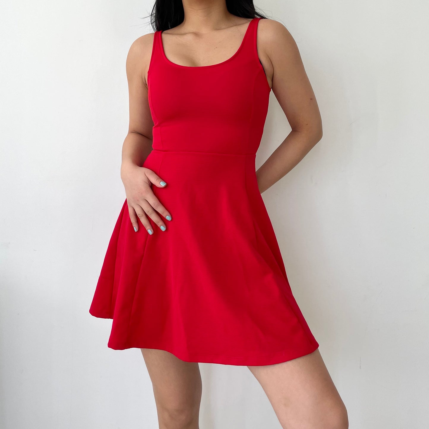 H&M Red Ribbed Fit and Flare Mini Skater Dress - X-Small