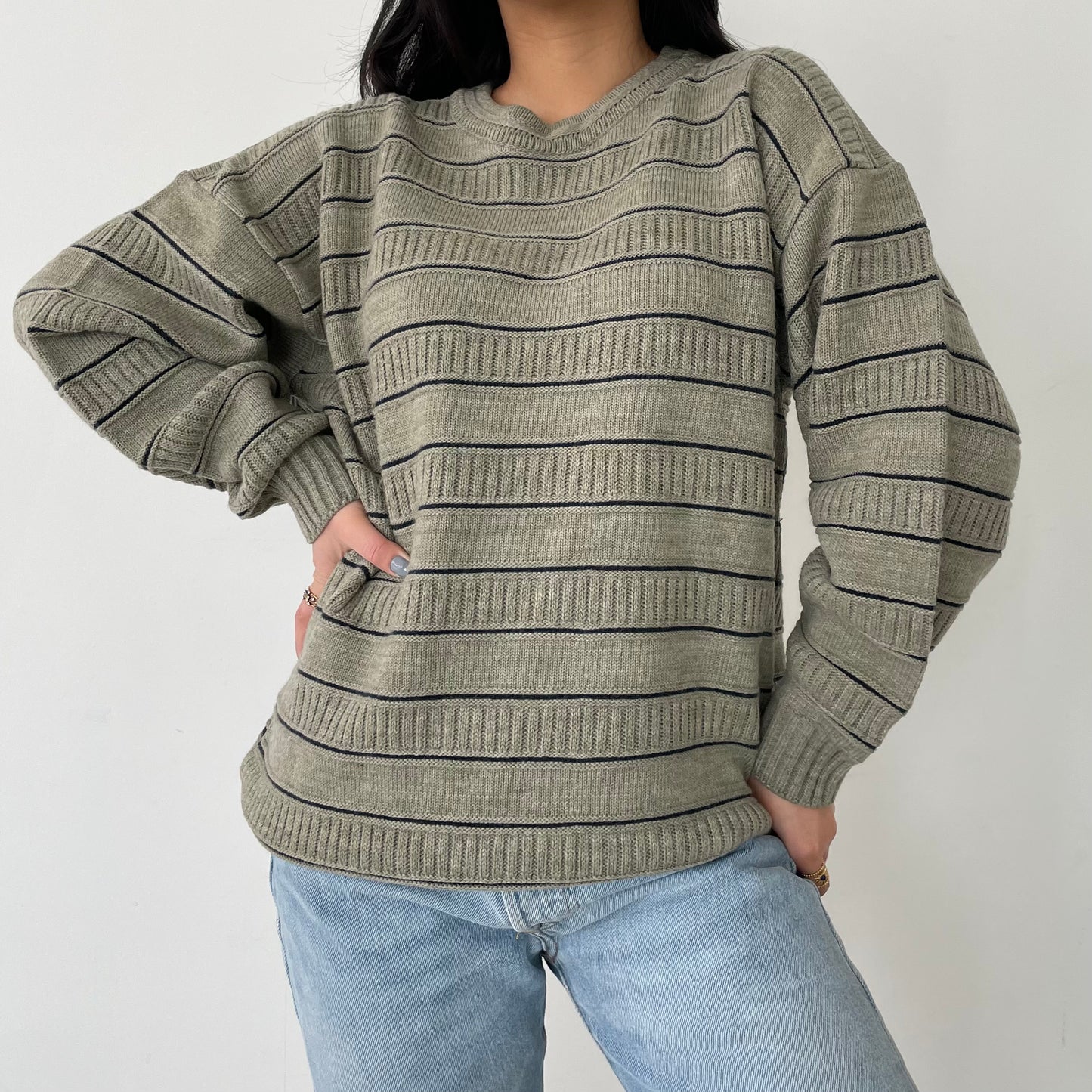 Vintage Marks & Spencer Khaki Green Striped Long Sleeve Knit Crewneck - X-Large