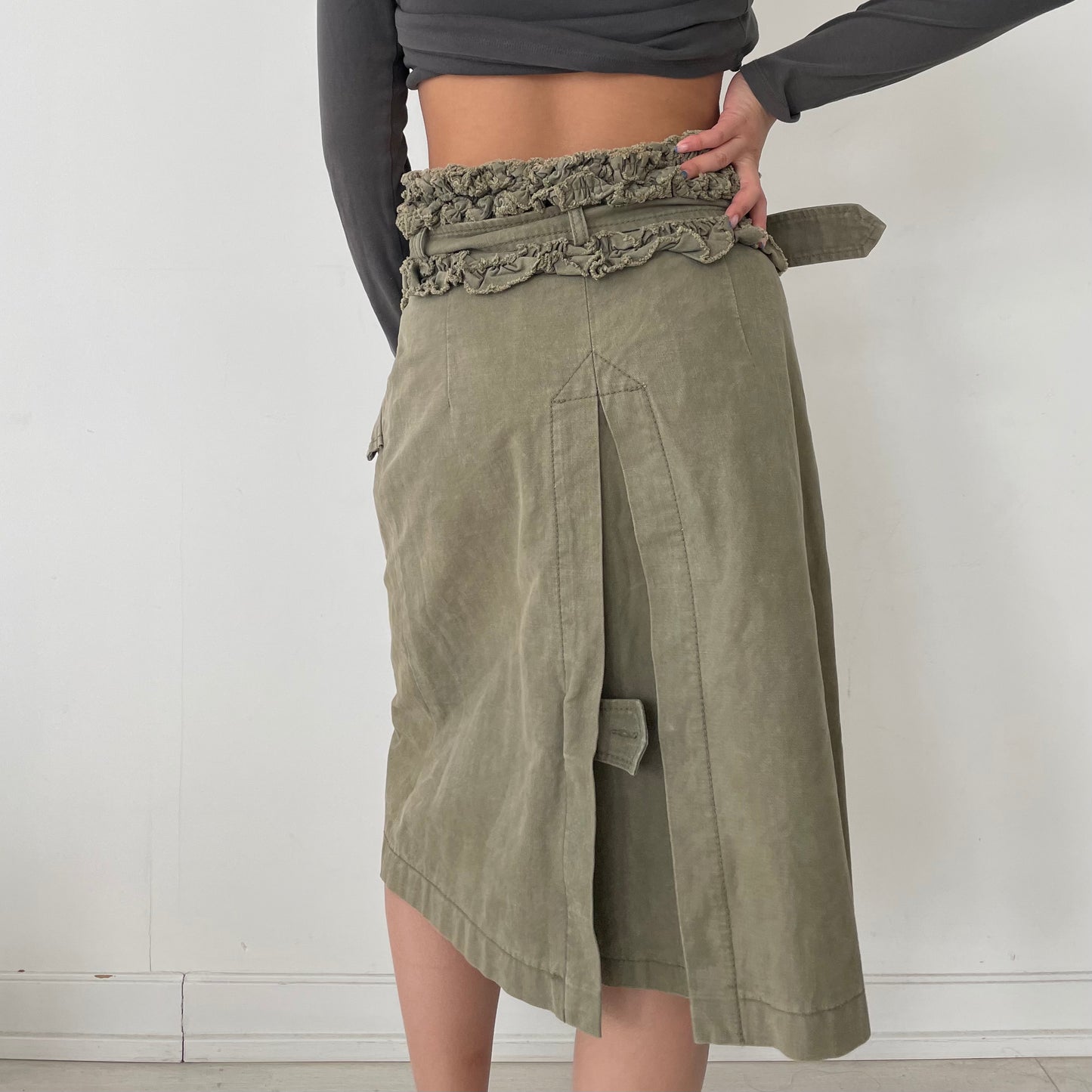 2007 Tricot Comme des Garçons Khaki Green Belted Cotton Midi Skirt - Medium