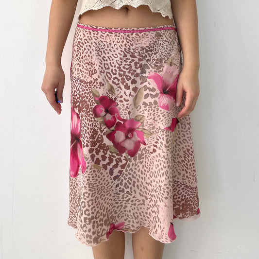 Pink Leopard Print Floral Silk Slip Skirt - Medium