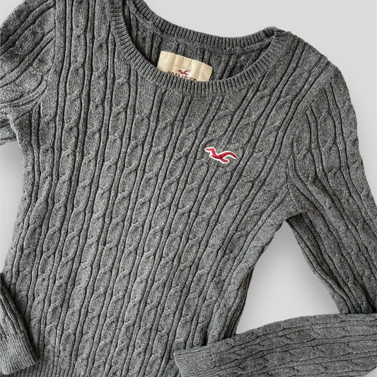 2000s Hollister Grey Cable Knit Crewneck Jumper - Small