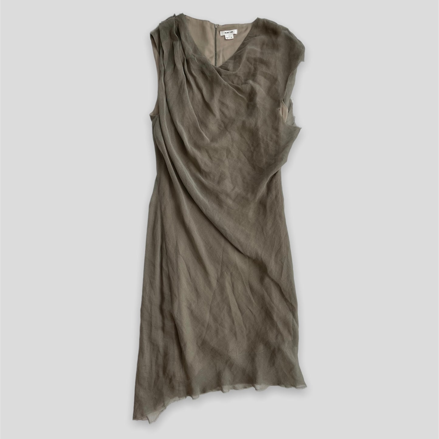 Helmut Lang Taupe Asymmetrical Ruched Silk Dress