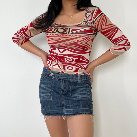 Red Patterned Micro Mesh 3/4 Sleeve Top - Zoehify 