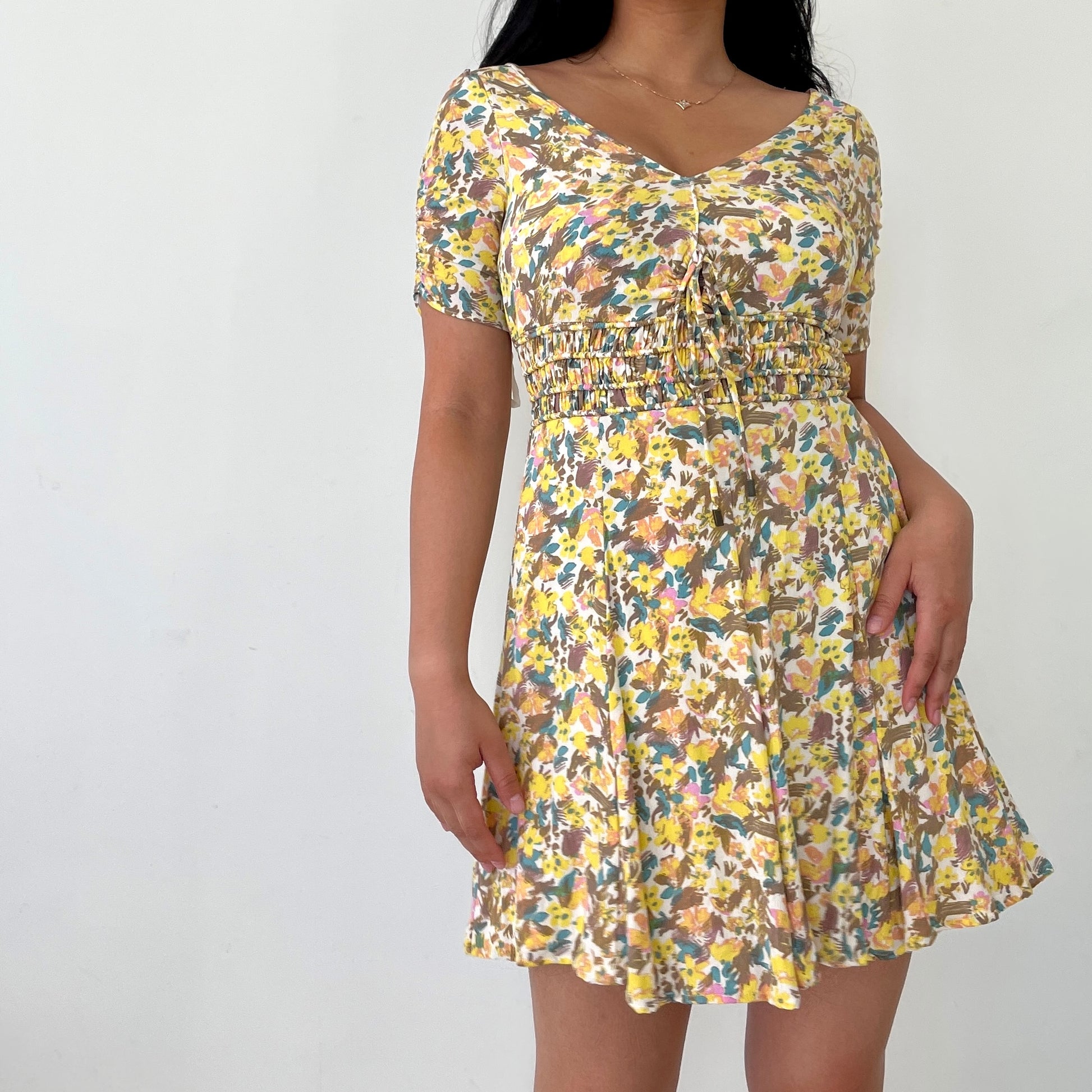 Yellow Floral Free People Short Sleeved Sundress - Zoehify 