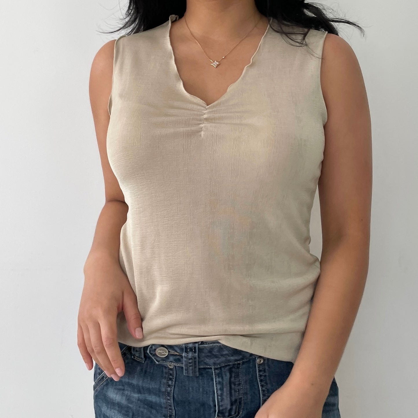 Gold Sleeveless Lettuce Trim Top