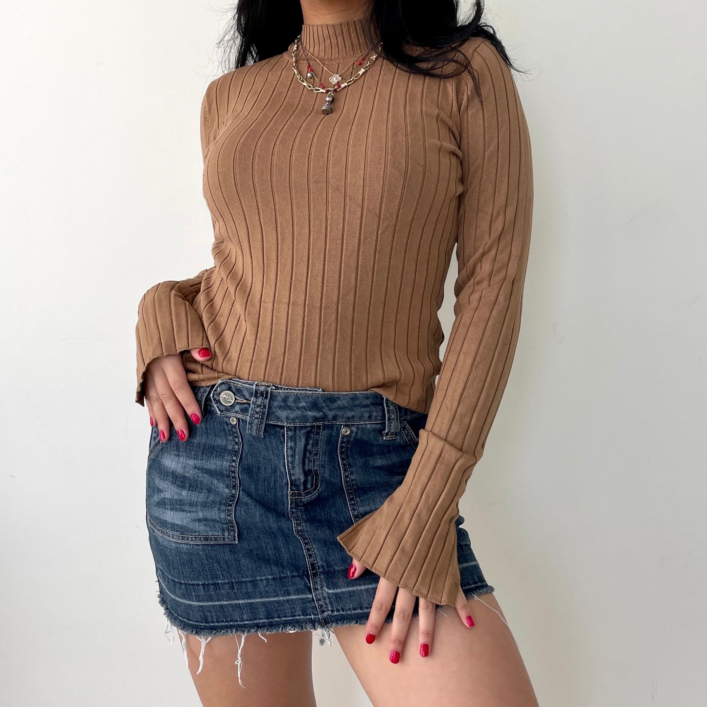 H&M Camel Ribbed Mock Neck Long Sleeve Top