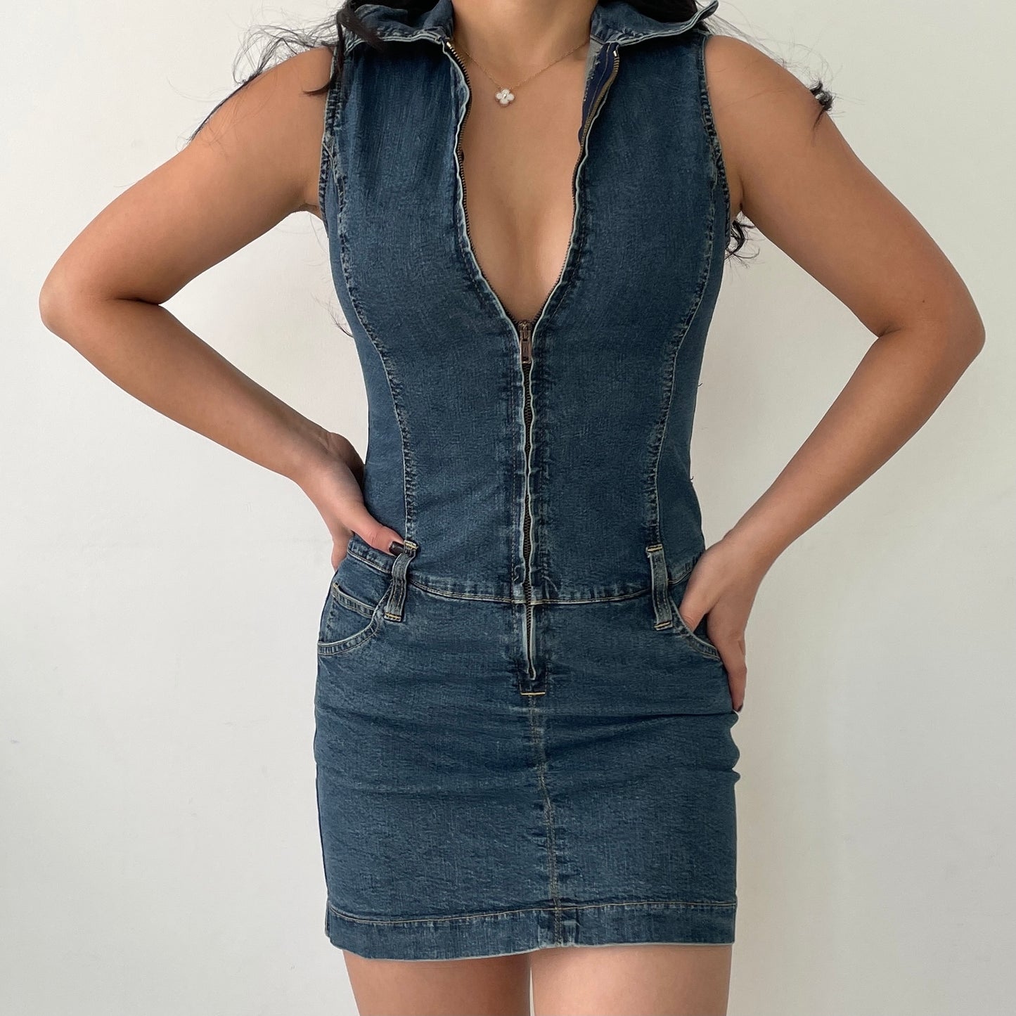 Old Label TRF Jeans Sleeveless Zip Up Denim Mini Dress - X-Small/Small