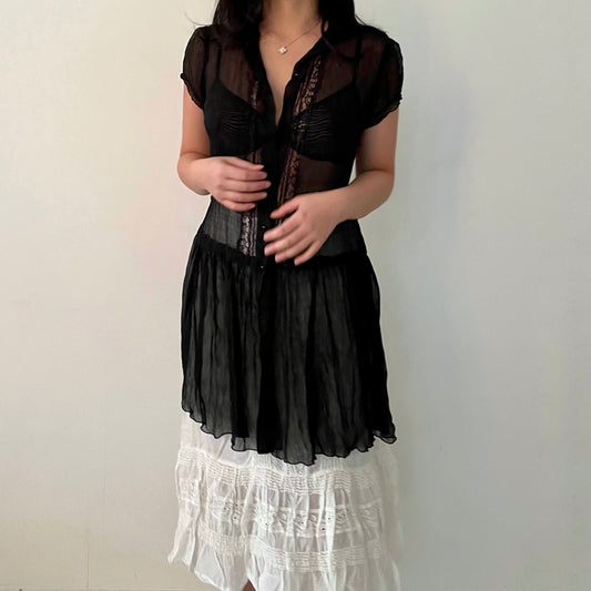 Sheer Black Short Sleeve Pleated Lace Dress - Small