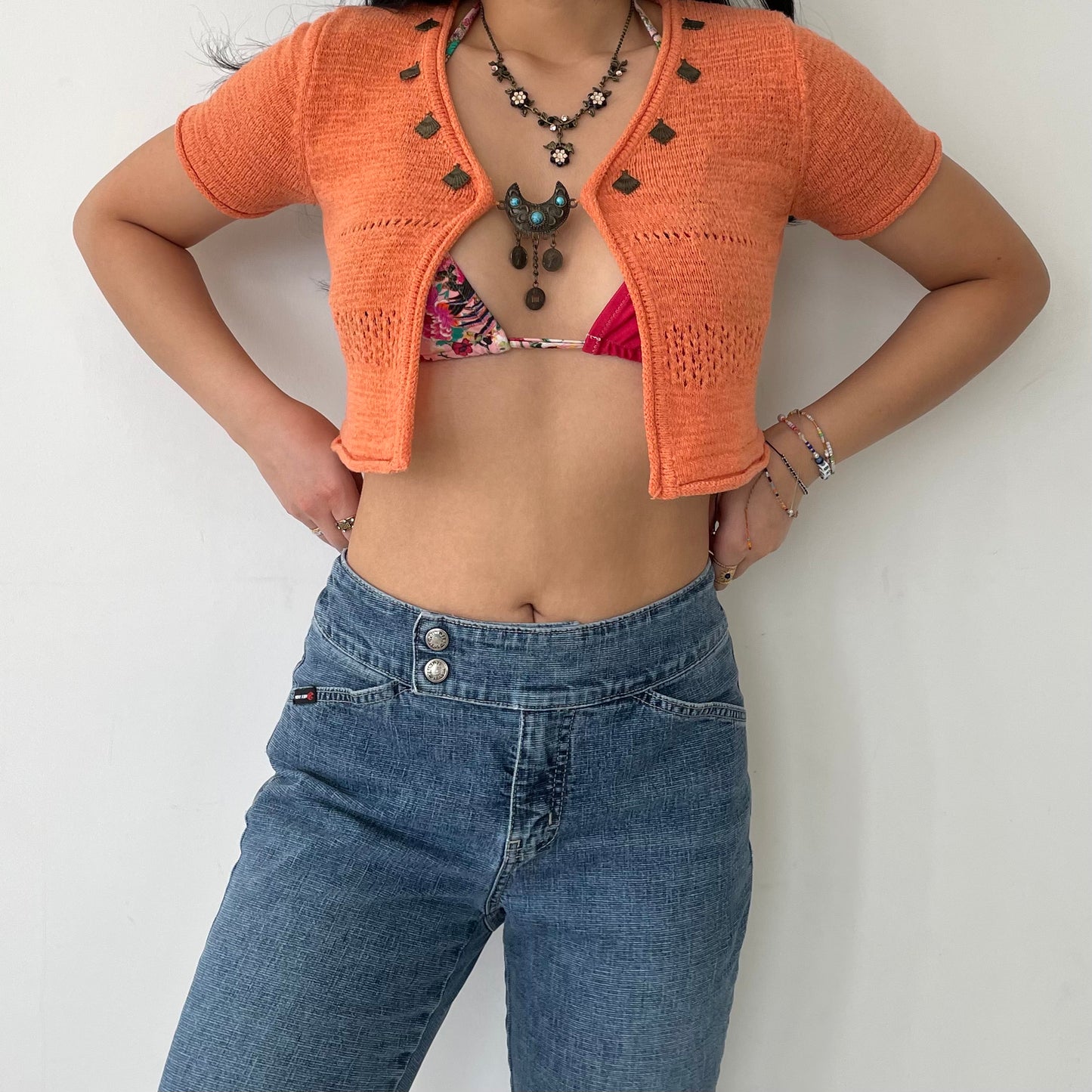 San Francisco Orange Short Sleeve Crochet Knit Shrug - Small